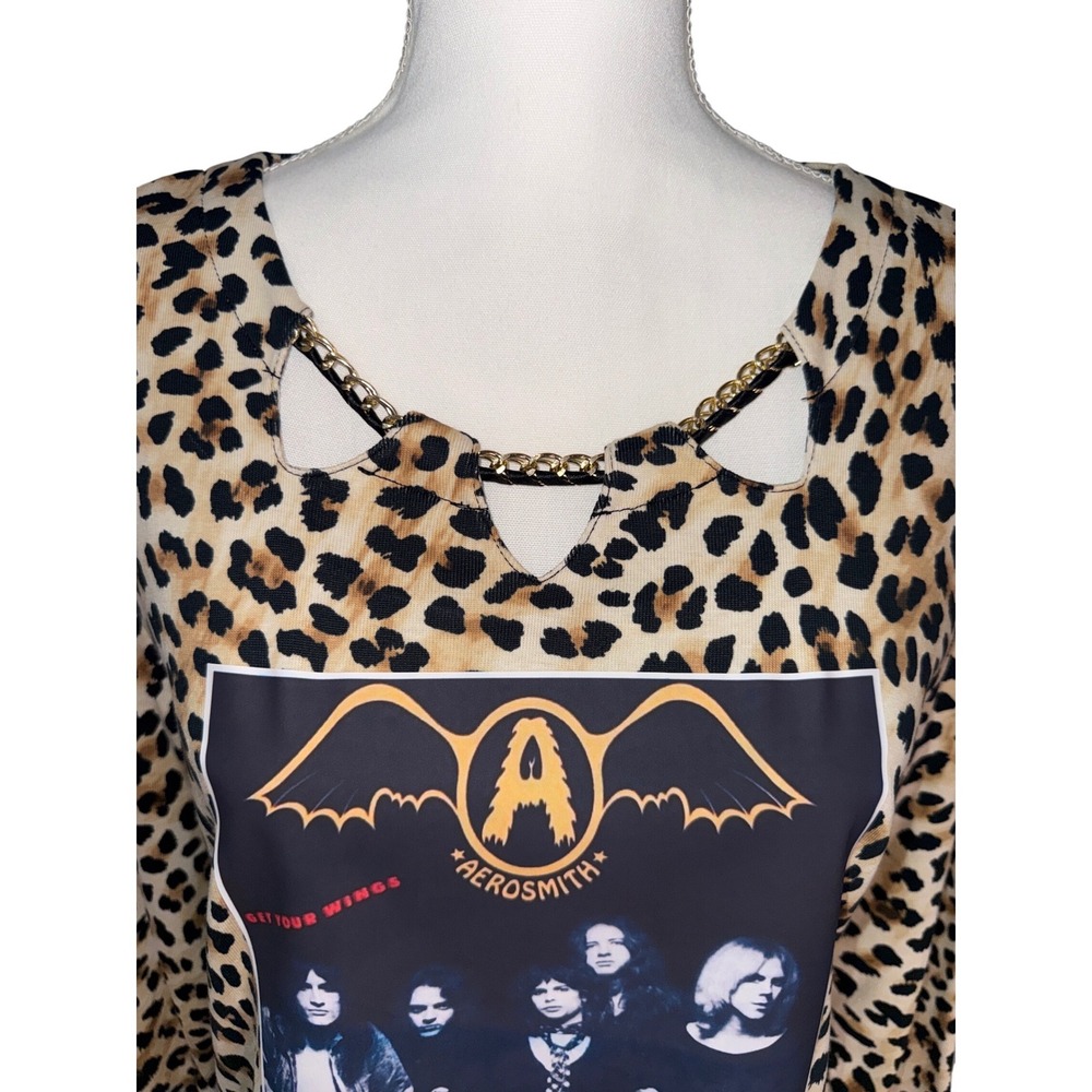 Aerosmith Classy Leopard Print Rock Band Shirt Gold Chain Collar Ladies M - Picture 2 of 6